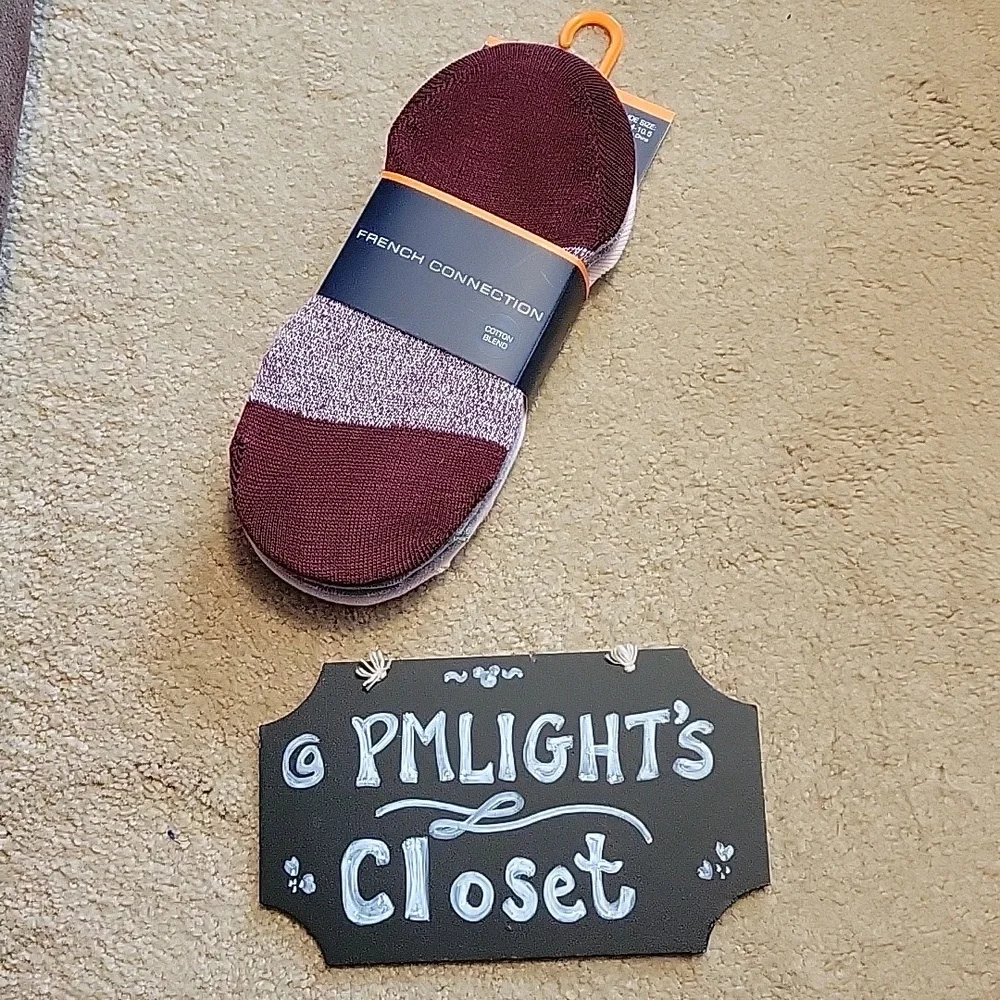 French Connection 5pk Socks Set New High Cut Liners Size 4 - 10.5 Burgundy